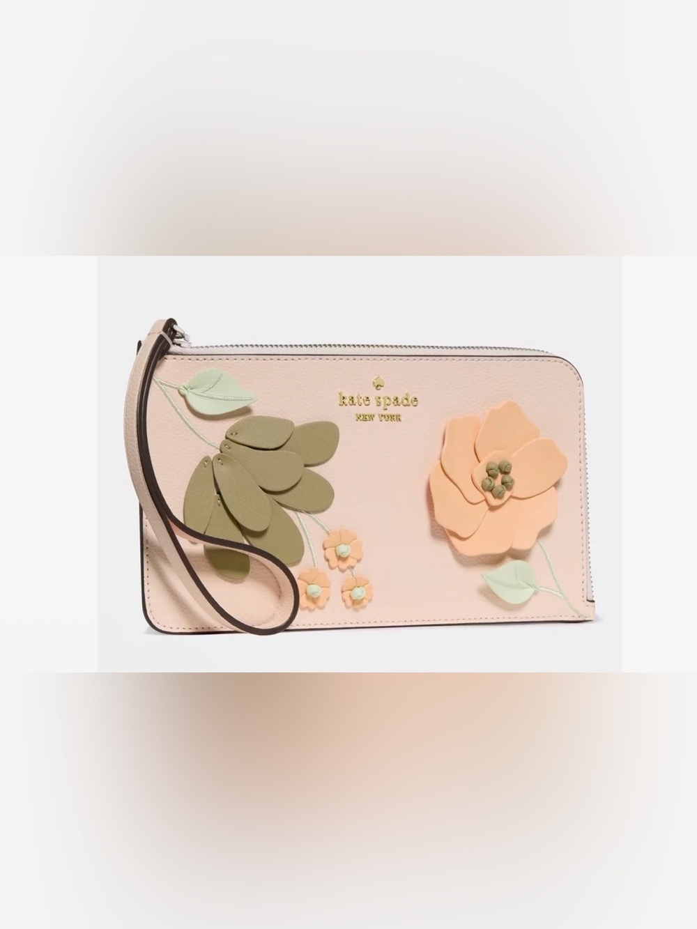 kate spade Floral Appliqué Leather Wristlet in Blush with Green Accents - Picture 2 of 6